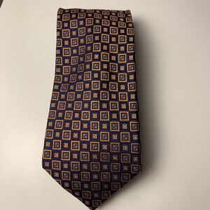 Chaps Men's Necktie Navy Blue Gold Geometric Square Pattern Business Silk Tie